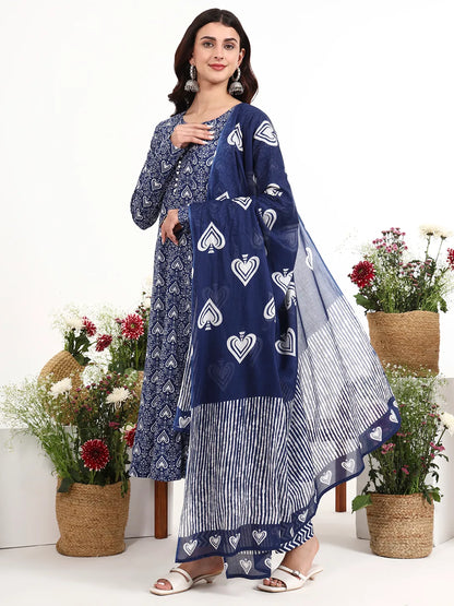 Cotton Anarkali Kurta Churidaar Sleeve Style Pant Dupatta Set