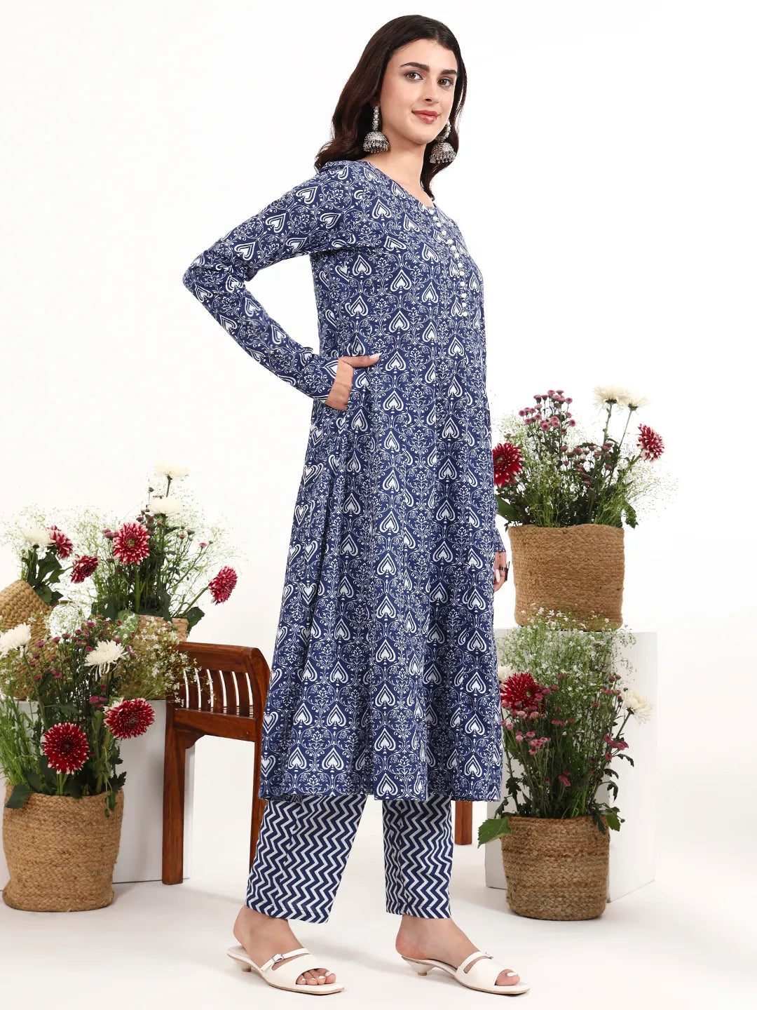 Cotton Anarkali Kurta Churidaar Sleeve Style Pant Dupatta Set