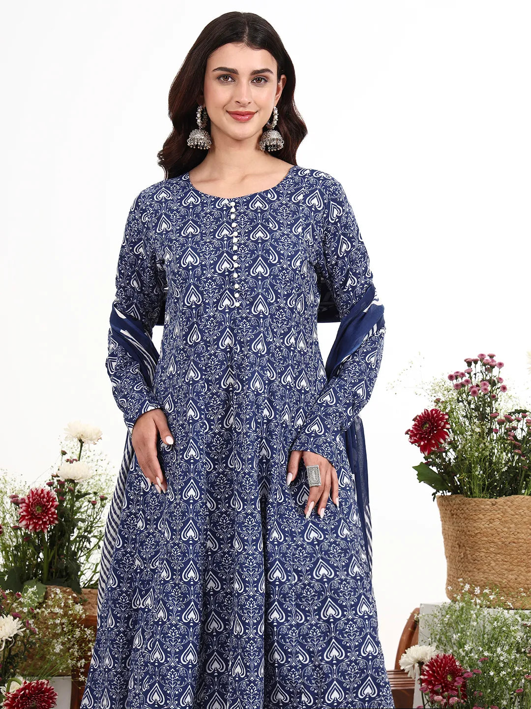 Cotton Anarkali Kurta Churidaar Sleeve Style Pant Dupatta Set