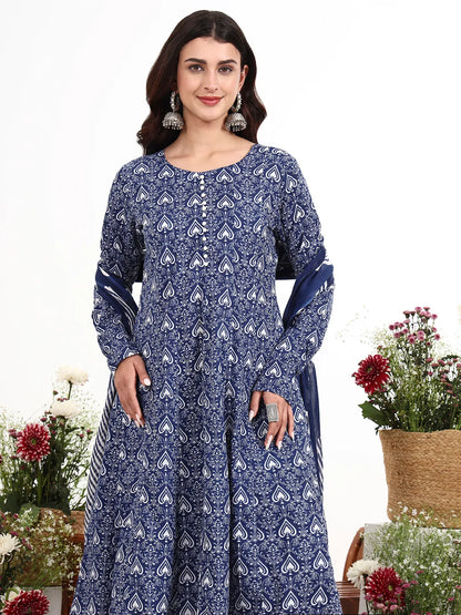 Cotton Anarkali Kurta Churidaar Sleeve Style Pant Dupatta Set