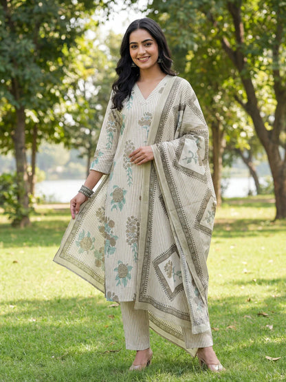 Straight Design Striped And Floral Print With This Kurta Trouser Dupatta Set