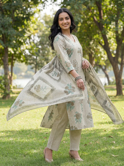 Straight Design Striped And Floral Print With This Kurta Trouser Dupatta Set