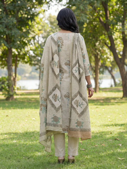Straight Design Striped And Floral Print With This Kurta Trouser Dupatta Set