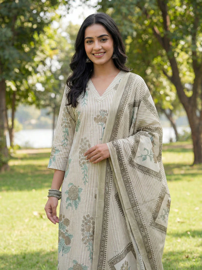 Straight Design Striped And Floral Print With This Kurta Trouser Dupatta Set