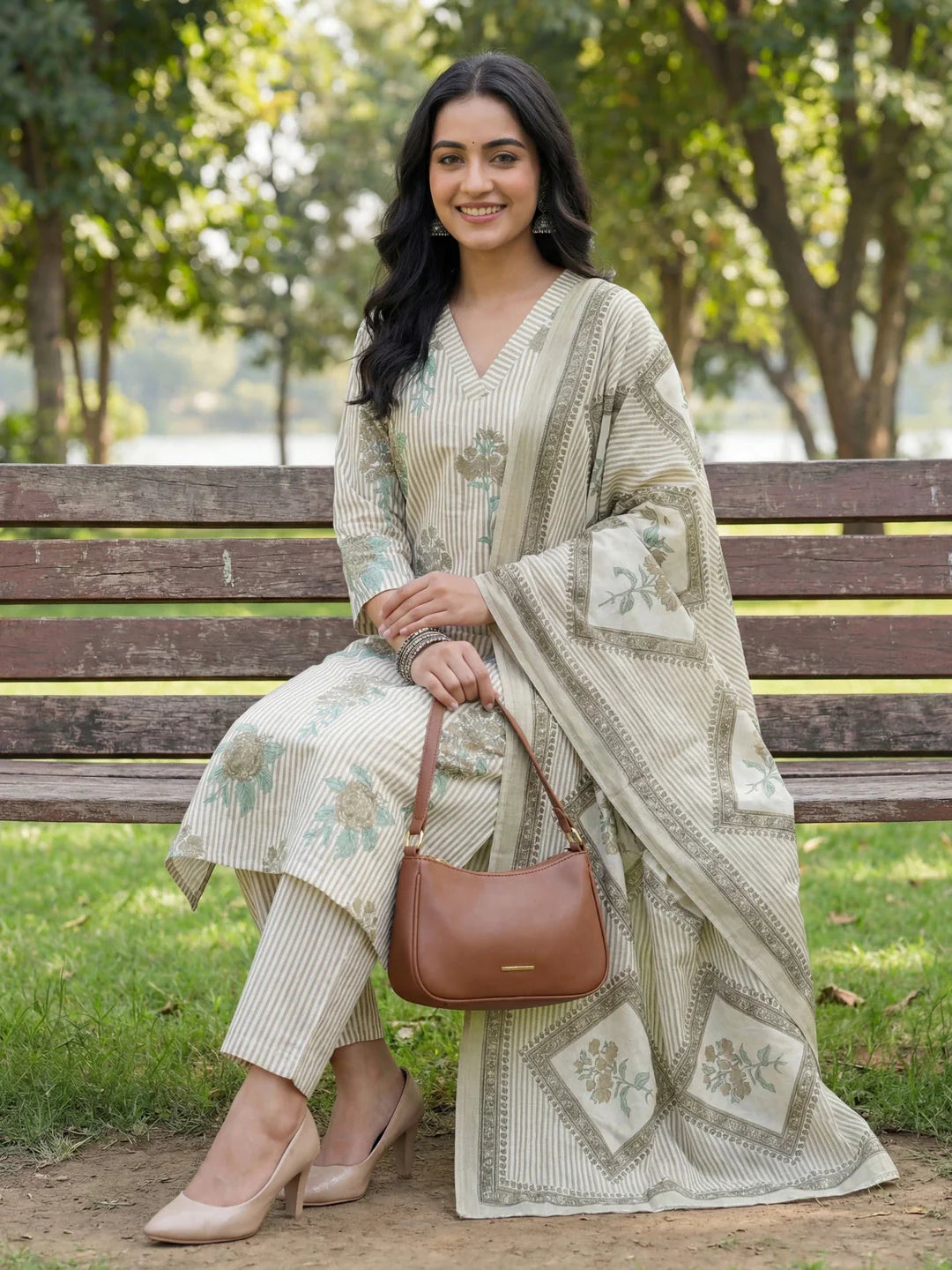 Straight Design Striped And Floral Print With This Kurta Trouser Dupatta Set