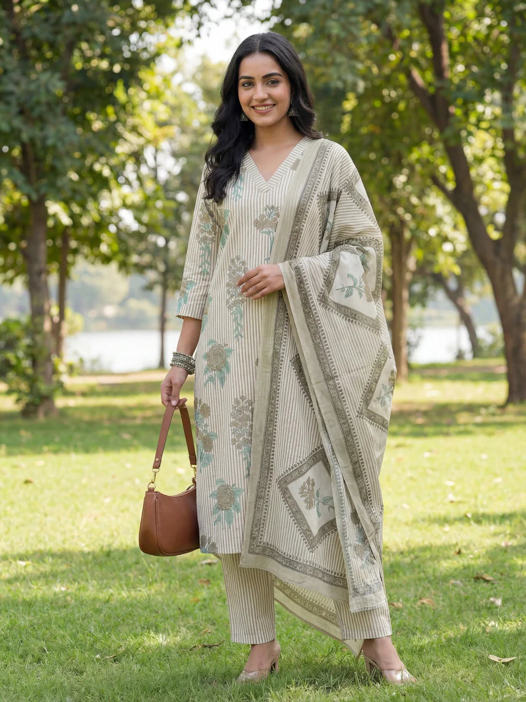 Straight Design Striped And Floral Print With This Kurta Trouser Dupatta Set