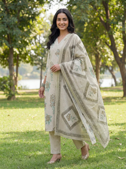 Straight Design Striped And Floral Print With This Kurta Trouser Dupatta Set