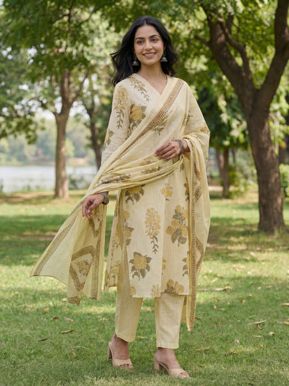 Straight Design Striped And Floral Print With This Kurta Trouser Dupatta Set
