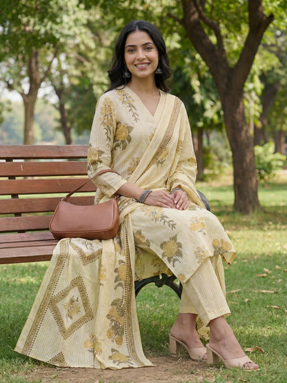 Straight Design Striped And Floral Print With This Kurta Trouser Dupatta Set