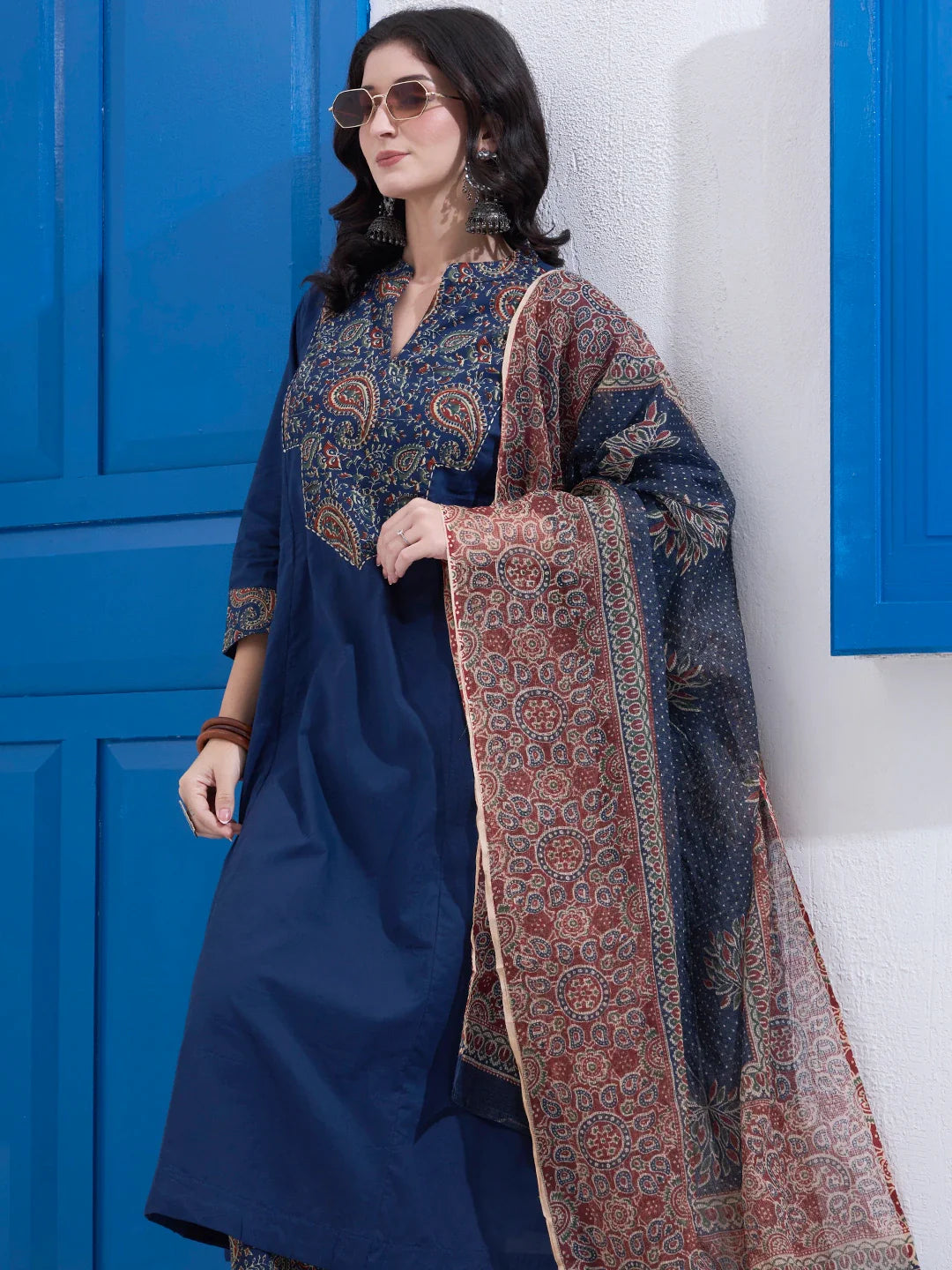Cotton A Line Patch Work Kurta Pant Dupatta Set