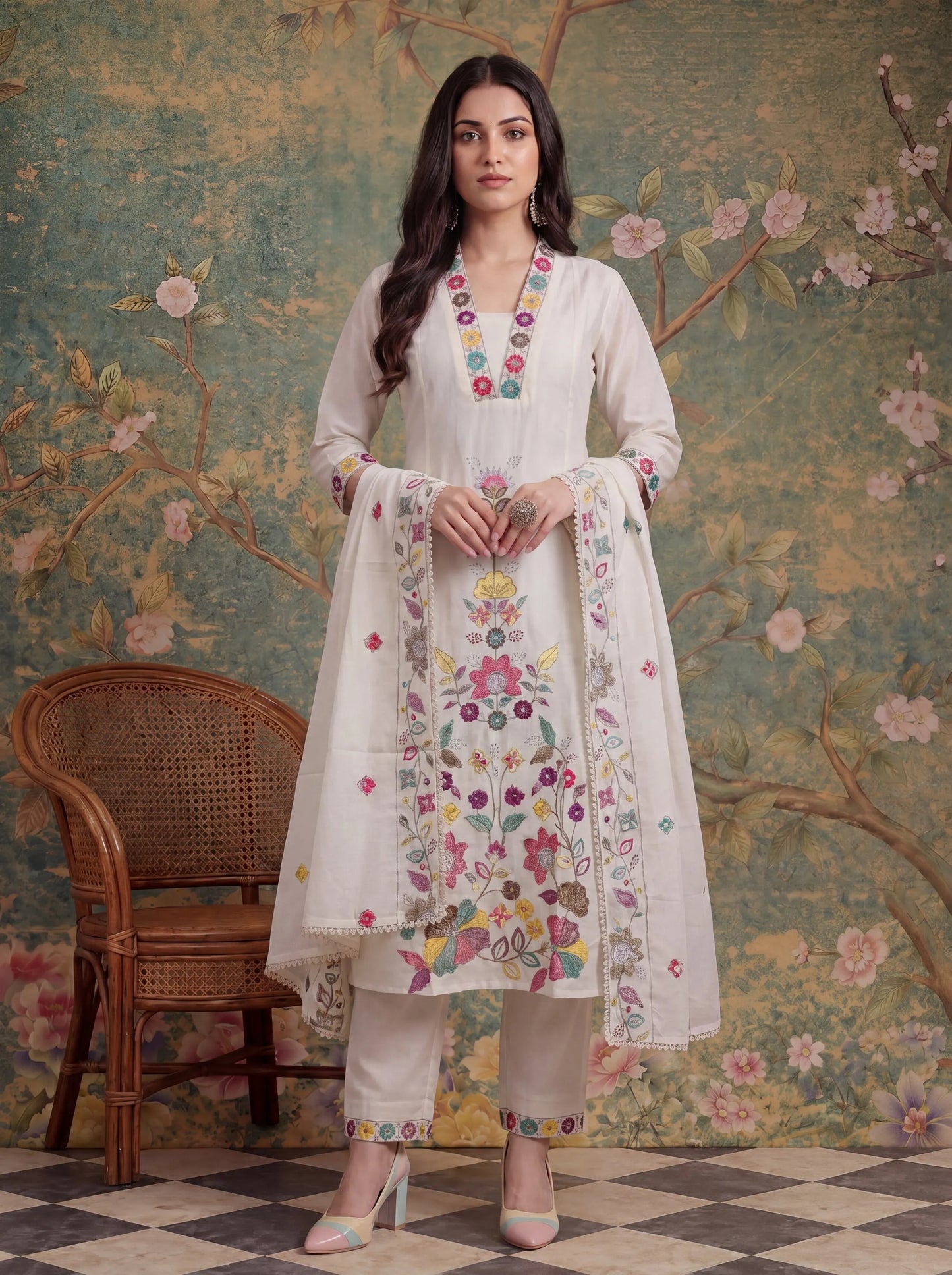 Cotton Thared Work Sequins Work Have A Linin Kurta Pant Dupatta Set