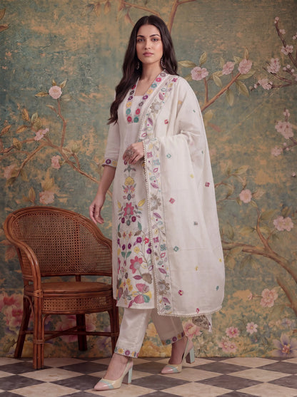 Cotton Thared Work Sequins Work Have A Linin Kurta Pant Dupatta Set