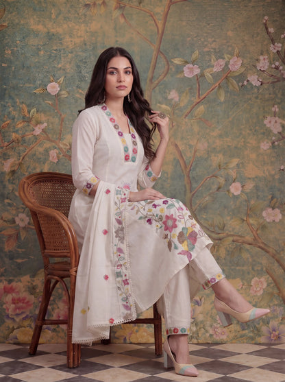 Cotton Thared Work Sequins Work Have A Linin Kurta Pant Dupatta Set