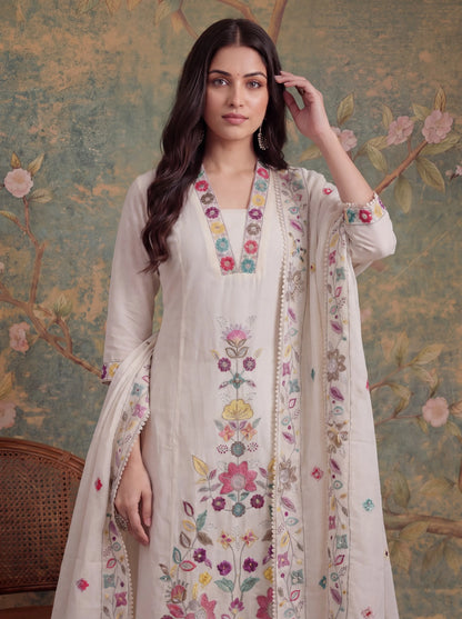 Cotton Thared Work Sequins Work Have A Linin Kurta Pant Dupatta Set