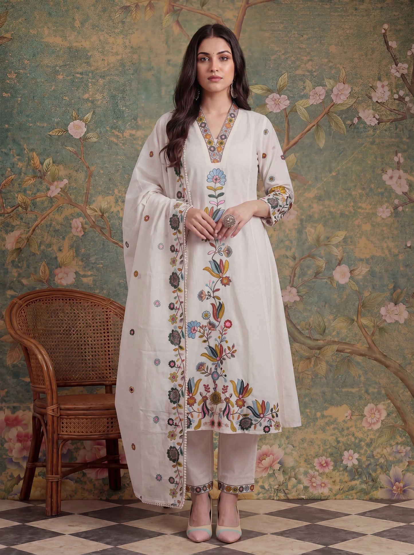 Cotton Thared Work Kurta Pant Dupatta Set