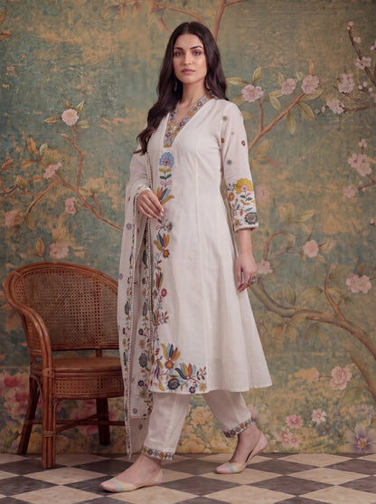 Cotton Thared Work Kurta Pant Dupatta Set