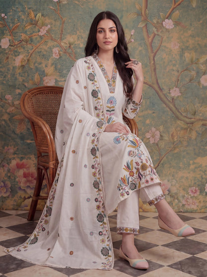 Cotton Thared Work Kurta Pant Dupatta Set