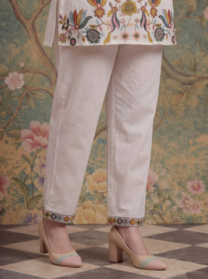 Cotton Thared Work Kurta Pant Dupatta Set
