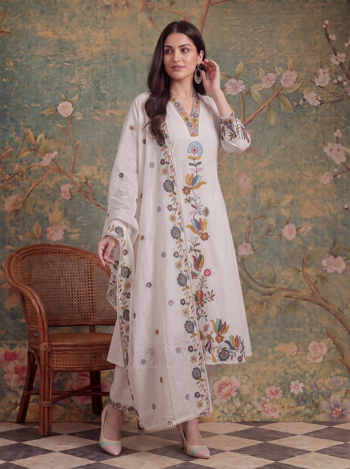 Cotton Thared Work Kurta Pant Dupatta Set