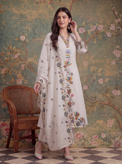 Cotton Thared Work Kurta Pant Dupatta Set