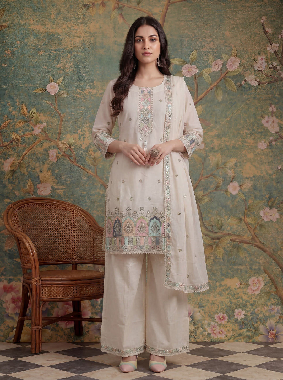 Cotton Thared Work  Kurta Pant Dupatta Set