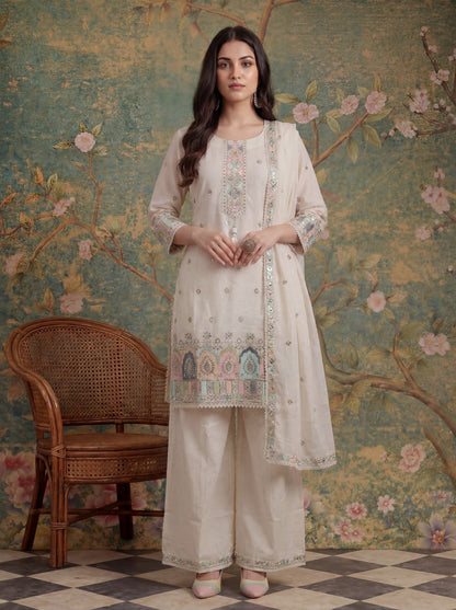 Cotton Thared Work  Kurta Pant Dupatta Set