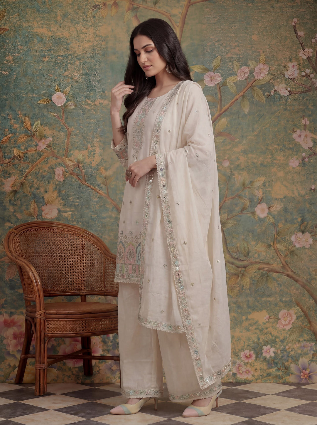 Cotton Thared Work  Kurta Pant Dupatta Set