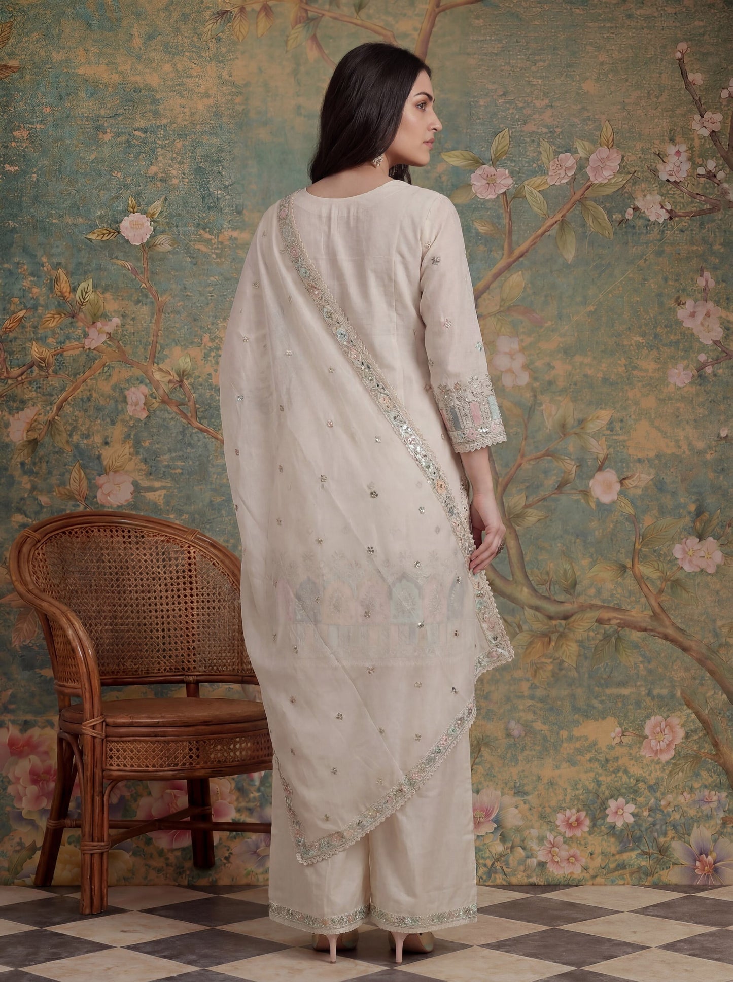 Cotton Thared Work  Kurta Pant Dupatta Set