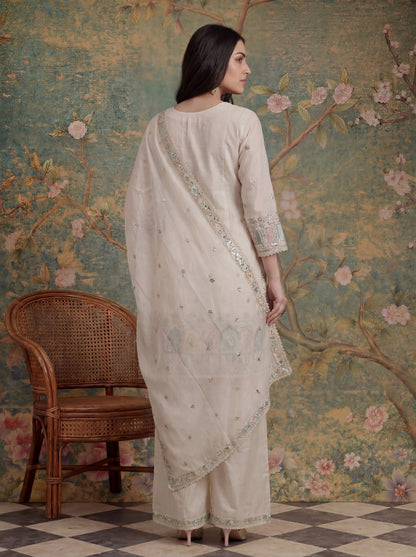 Cotton Thared Work  Kurta Pant Dupatta Set