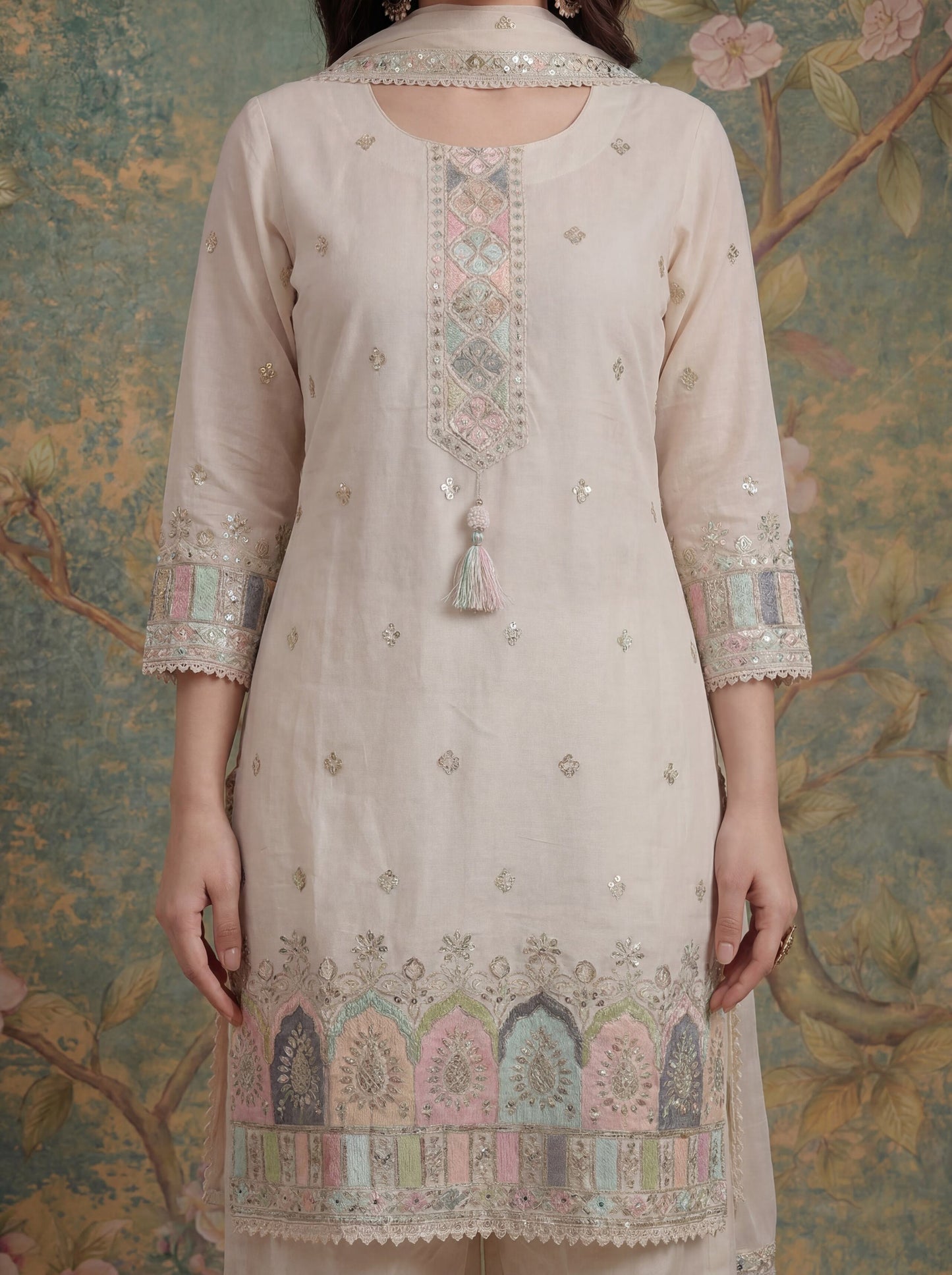 Cotton Thared Work  Kurta Pant Dupatta Set