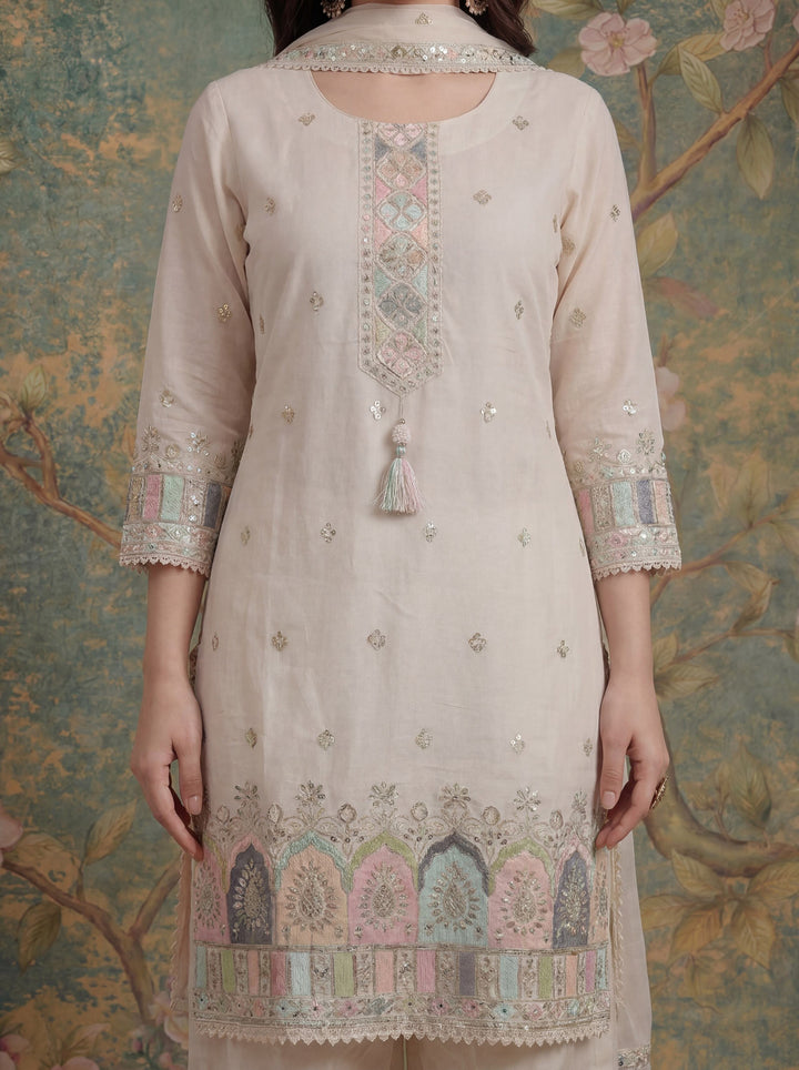 Cotton Thared Work  Kurta Pant Dupatta Set