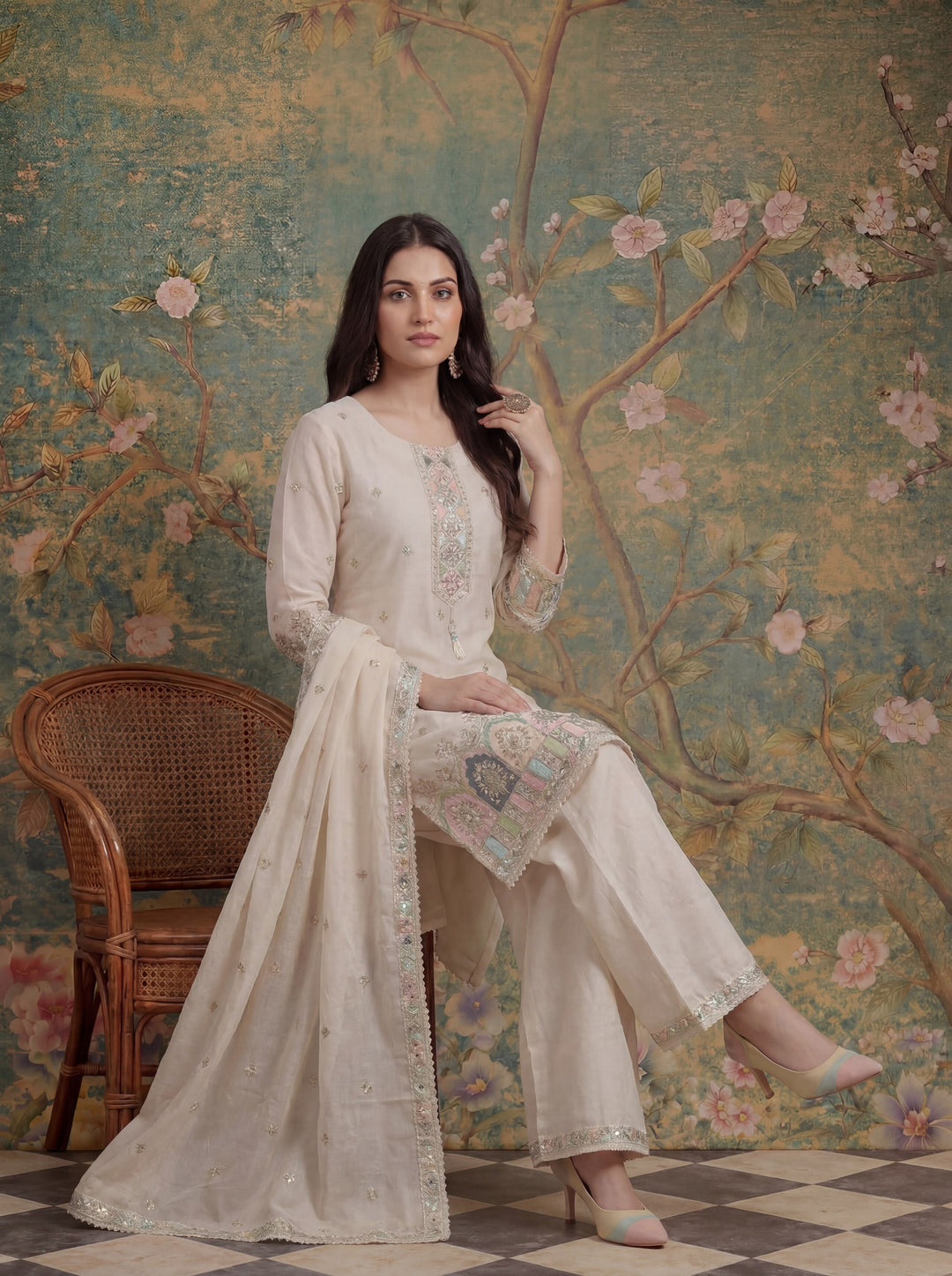 Cotton Thared Work  Kurta Pant Dupatta Set