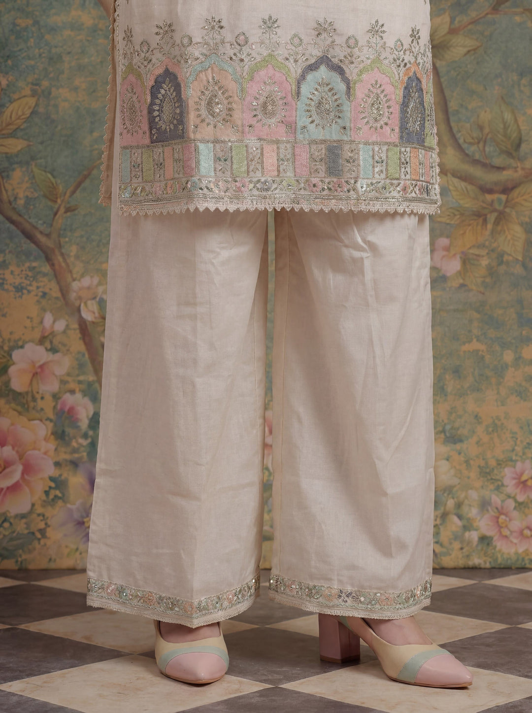 Cotton Thared Work  Kurta Pant Dupatta Set