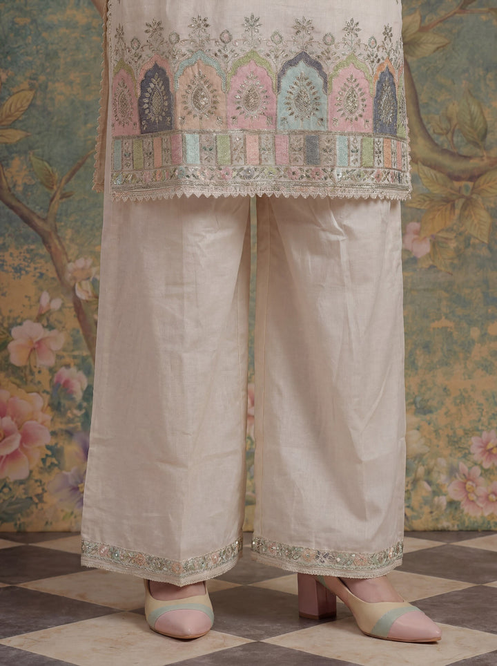 Cotton Thared Work  Kurta Pant Dupatta Set