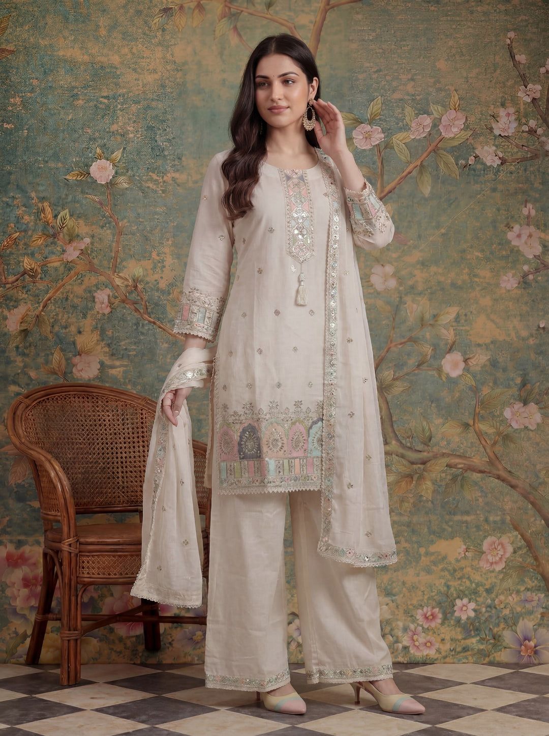 Cotton Thared Work  Kurta Pant Dupatta Set