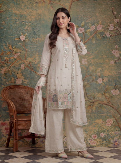Cotton Thared Work  Kurta Pant Dupatta Set