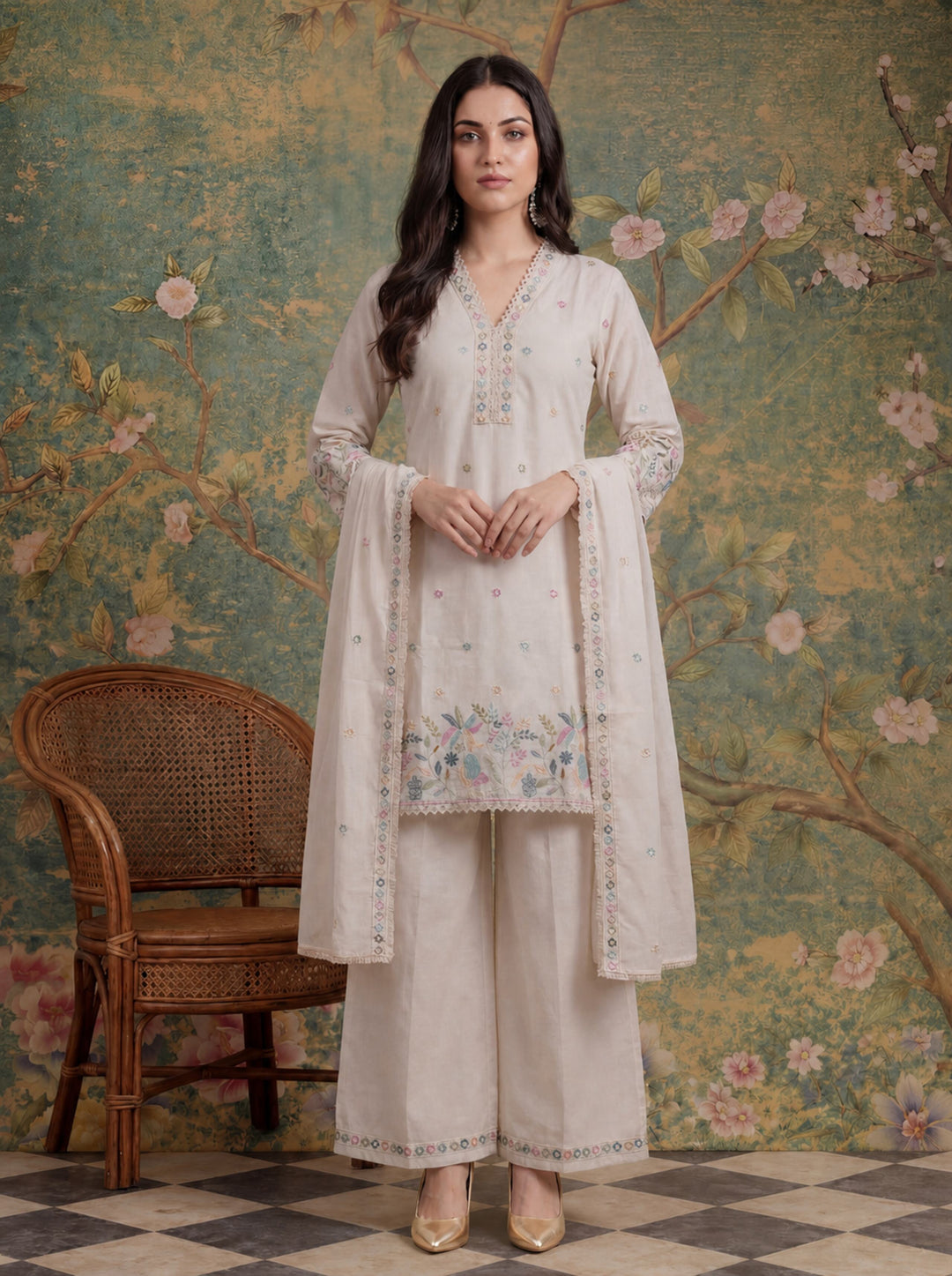 Cotton Thared Work  Kurta Pant Dupatta Set