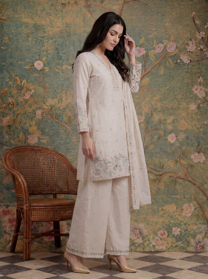 Cotton Thared Work  Kurta Pant Dupatta Set