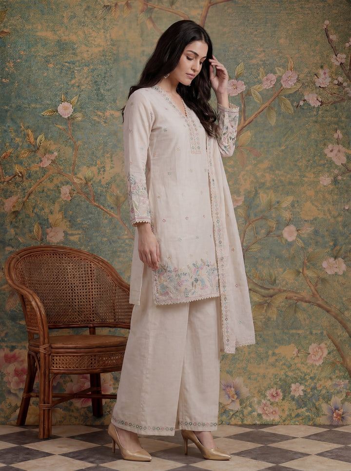 Cotton Thared Work  Kurta Pant Dupatta Set