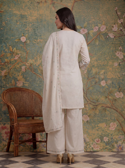 Cotton Thared Work  Kurta Pant Dupatta Set