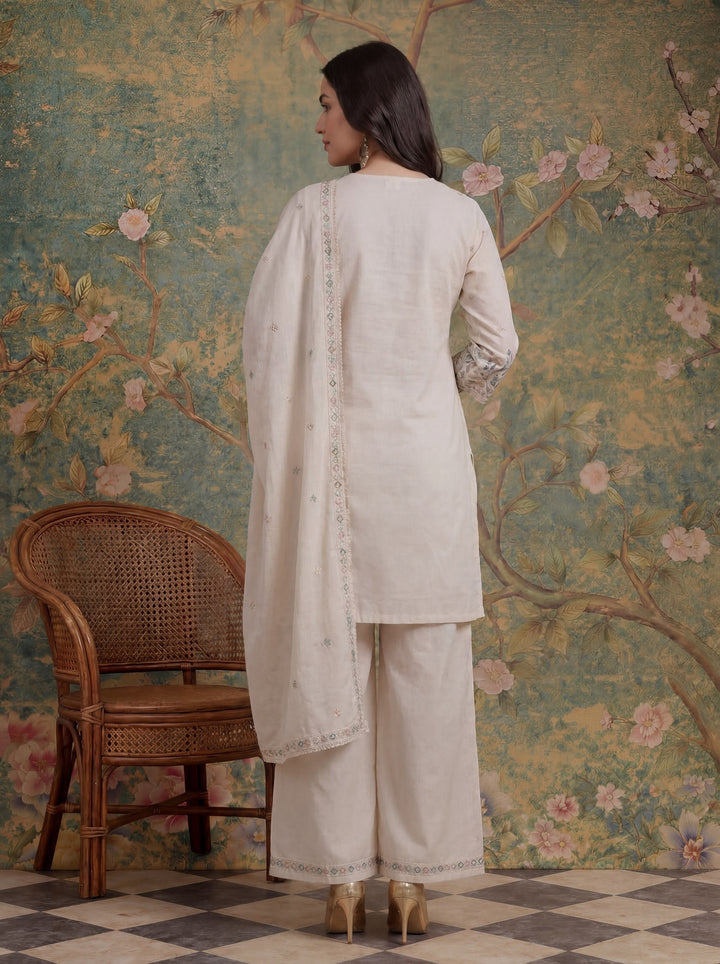 Cotton Thared Work  Kurta Pant Dupatta Set