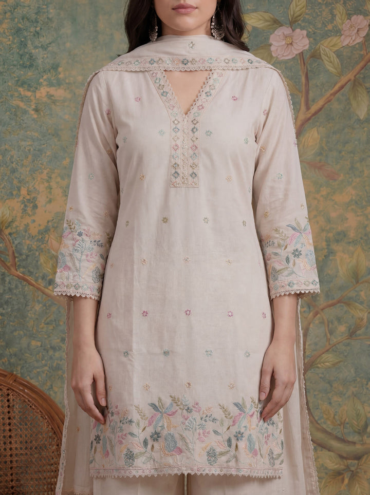 Cotton Thared Work  Kurta Pant Dupatta Set