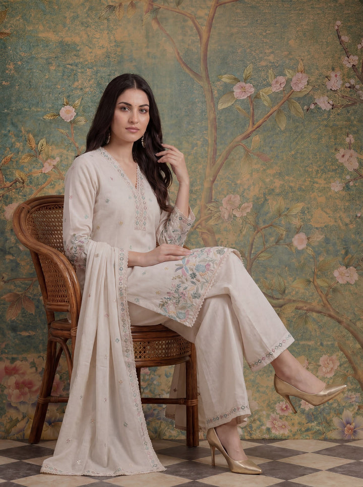 Cotton Thared Work  Kurta Pant Dupatta Set