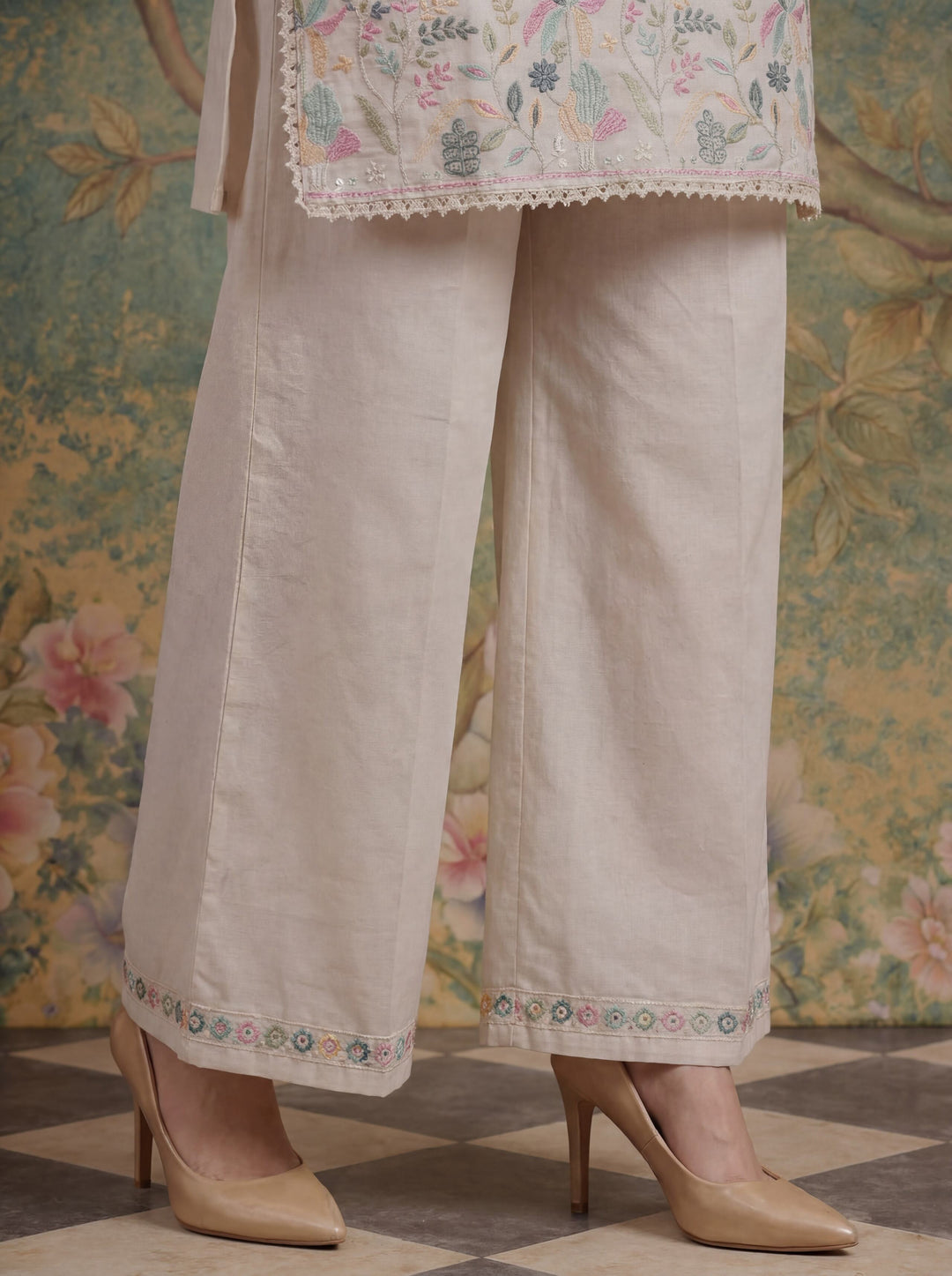 Cotton Thared Work  Kurta Pant Dupatta Set