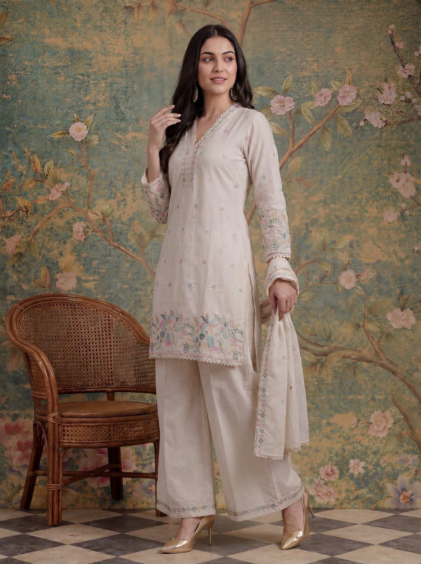 Cotton Thared Work  Kurta Pant Dupatta Set
