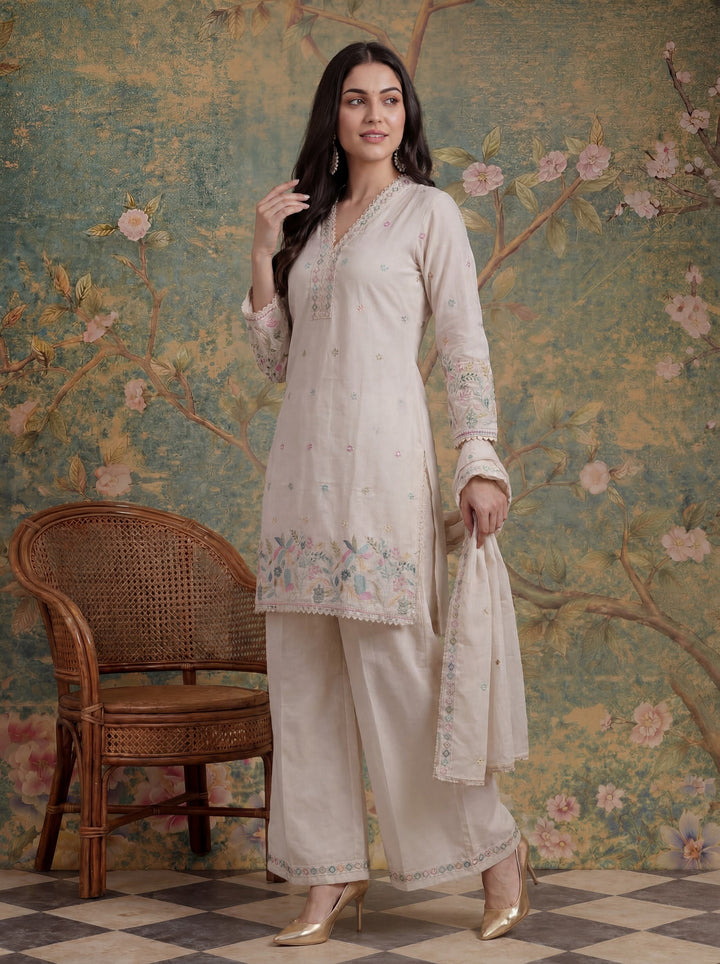 Cotton Thared Work  Kurta Pant Dupatta Set