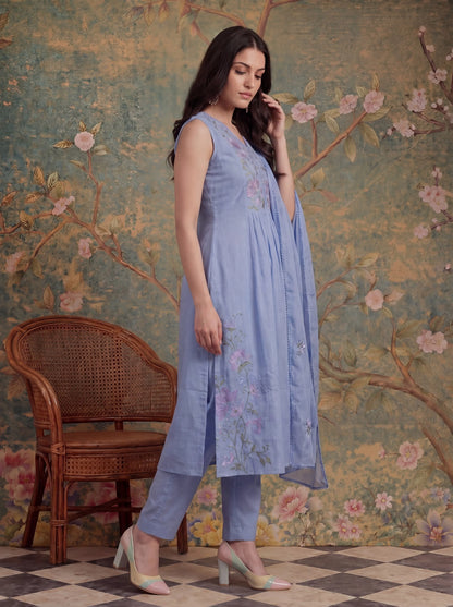 Mull Chanderi Have A Lining Pleated Kurta Dupatta Pant Set