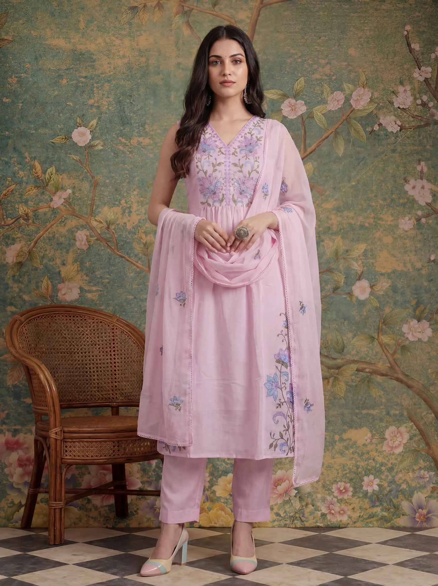 Mull Chanderi Have A Lining Pleated Kurta Dupatta Pant Set