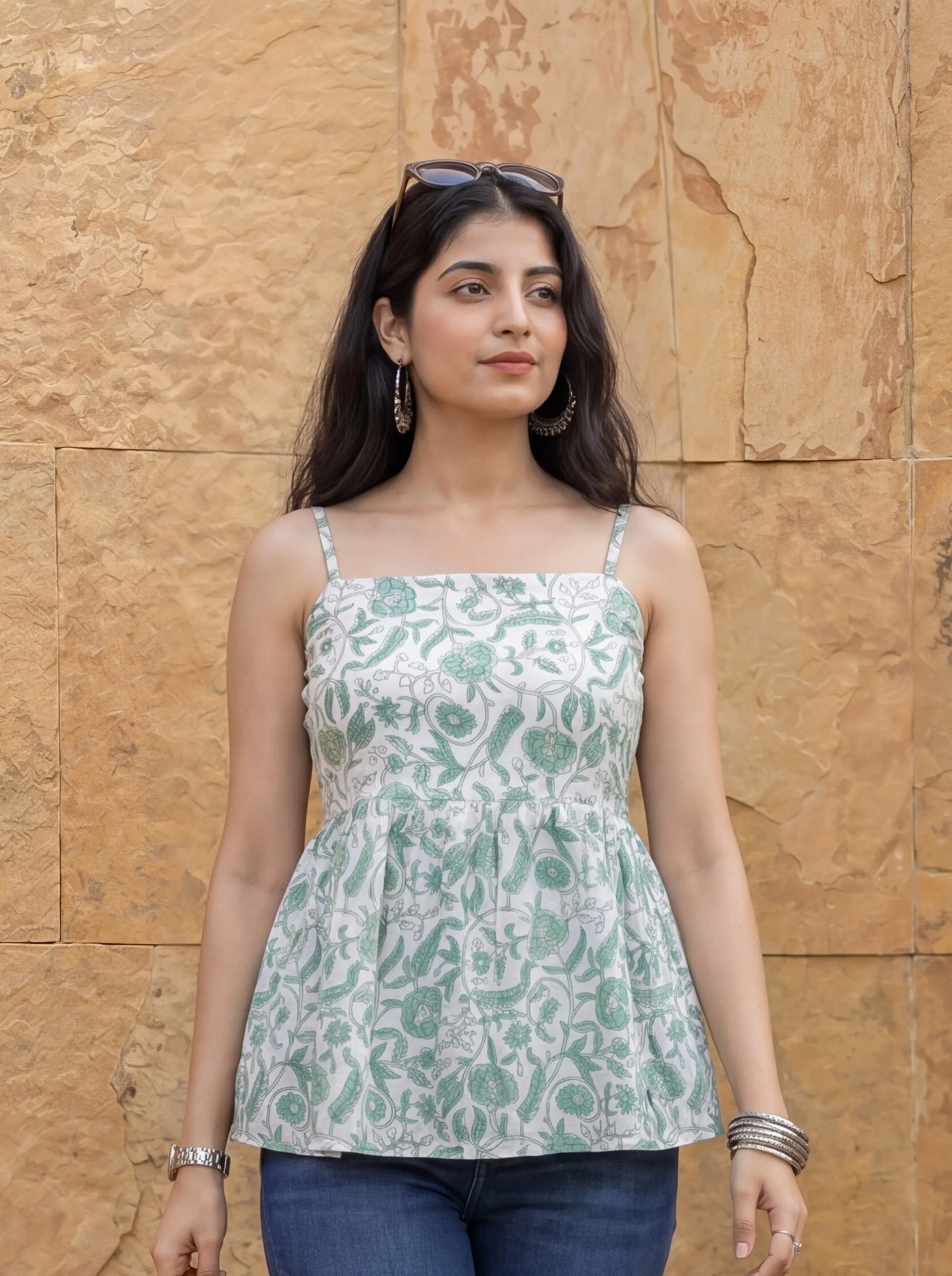 Cotton White And Gree Strappy Top