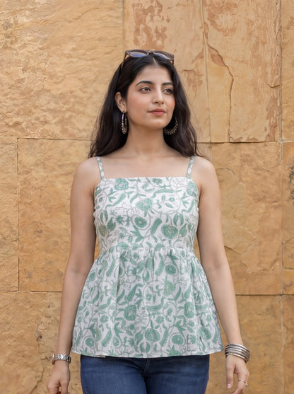 Cotton White And Gree Strappy Top